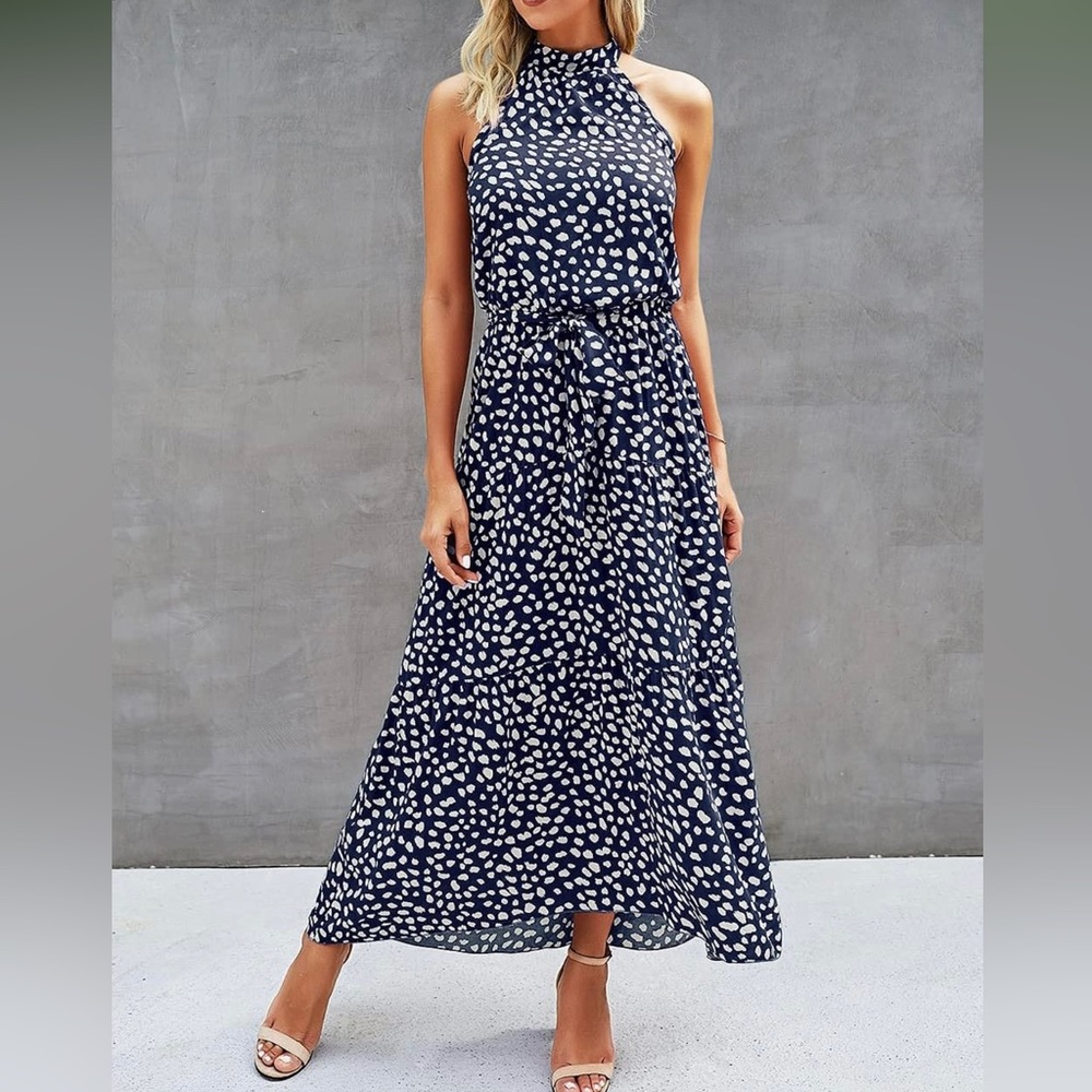 Navy Dotted Halter Maxi Dress